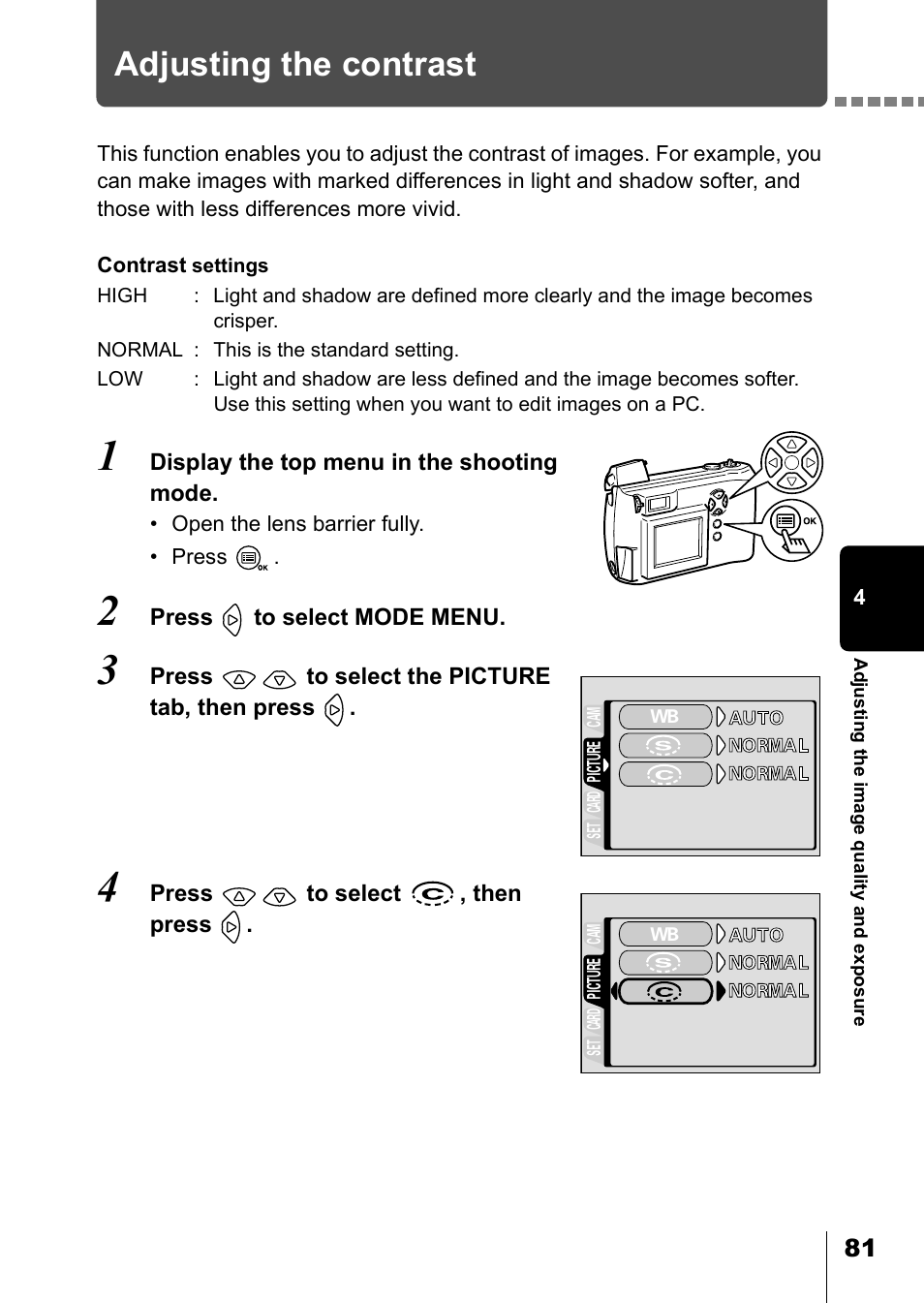 Adjusting the contrast, P.81 | Olympus D-550 Zoom User Manual | Page 82 / 178