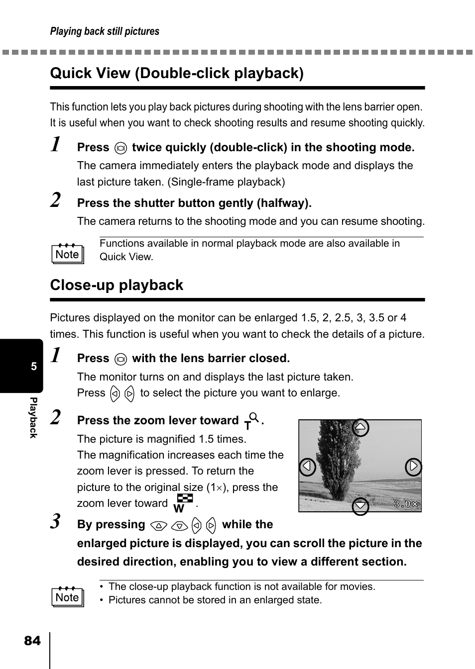 Quick view (double-click playback), Close-up playback, P.84) | Olympus D-550 Zoom User Manual | Page 85 / 178