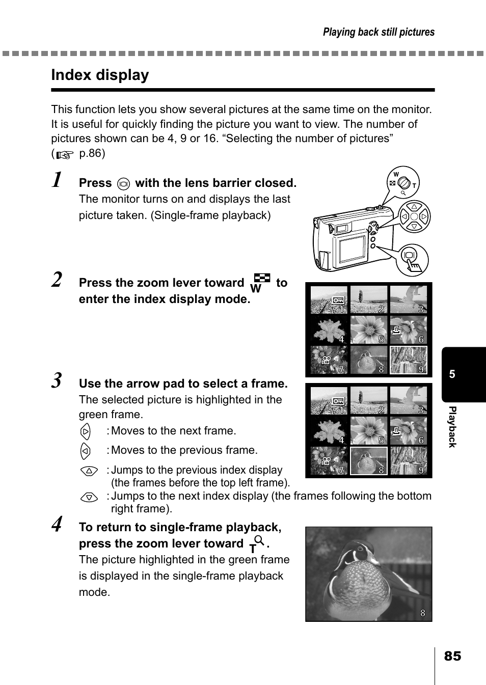 Index display | Olympus D-550 Zoom User Manual | Page 86 / 178