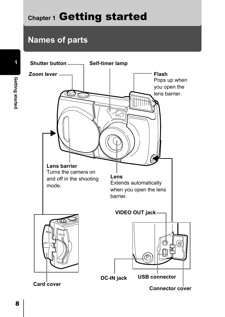 Chapter 1 getting started, Names of parts, Chapter 1 | Getting started | Olympus D-550 Zoom User Manual | Page 9 / 178