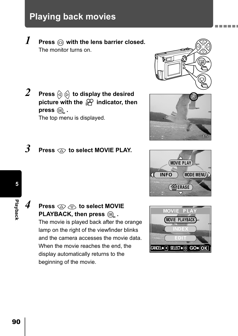 Playing back movies, P.90 | Olympus D-550 Zoom User Manual | Page 91 / 178