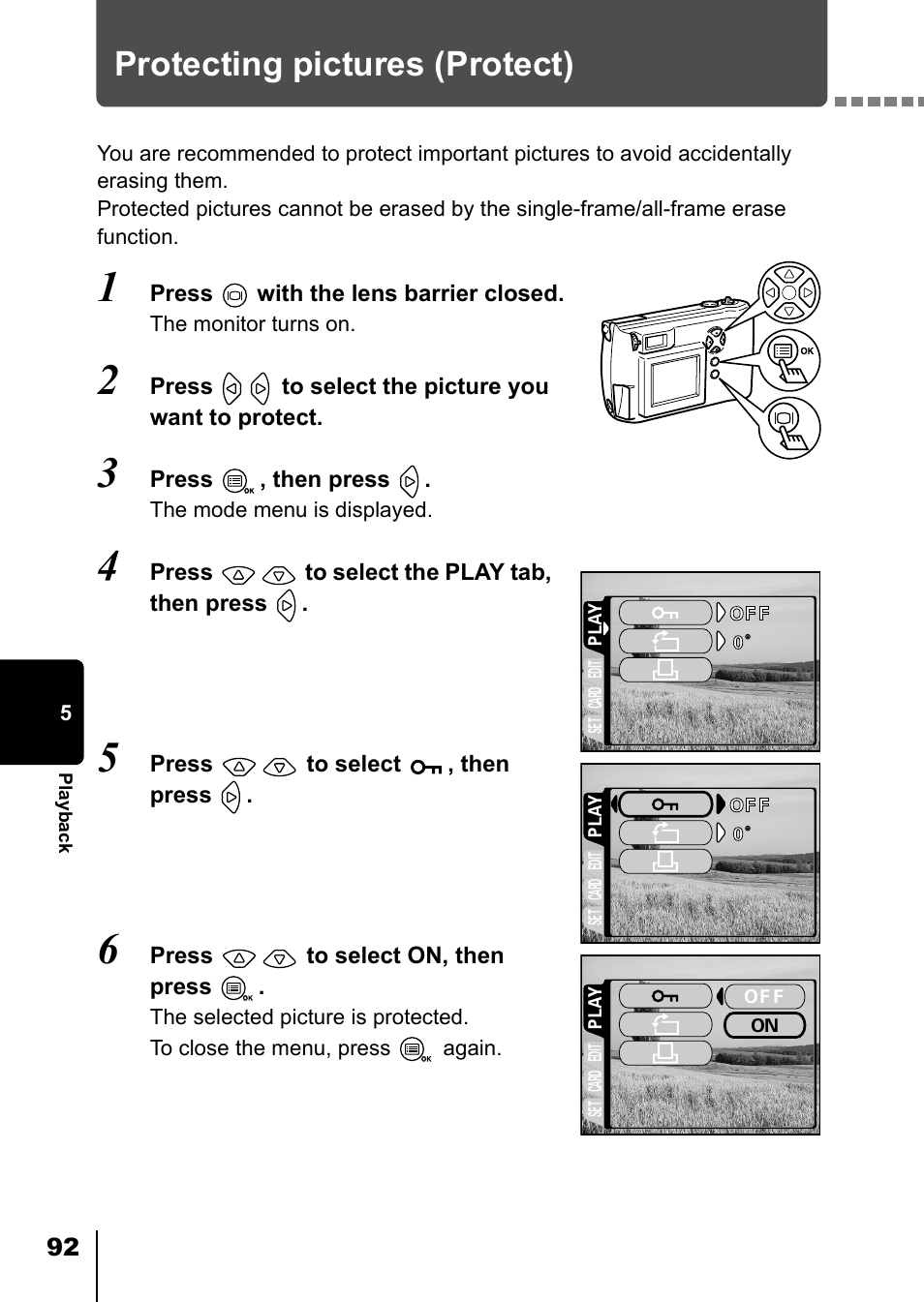 Protecting pictures (protect), P.92 | Olympus D-550 Zoom User Manual | Page 93 / 178