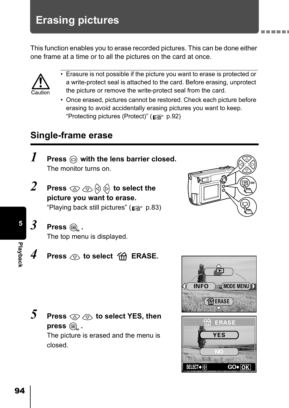 Erasing pictures, Single-frame erase, P.94 | Olympus D-550 Zoom User Manual | Page 95 / 178