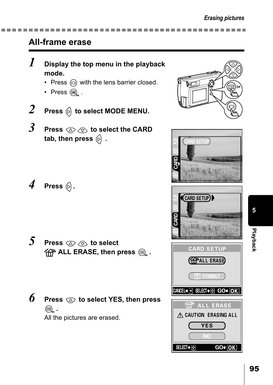All-frame erase, P.95 | Olympus D-550 Zoom User Manual | Page 96 / 178