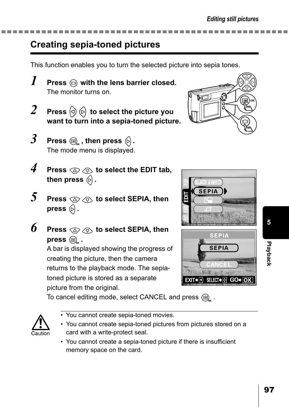 Creating sepia-toned pictures, P.97 | Olympus D-550 Zoom User Manual | Page 98 / 178