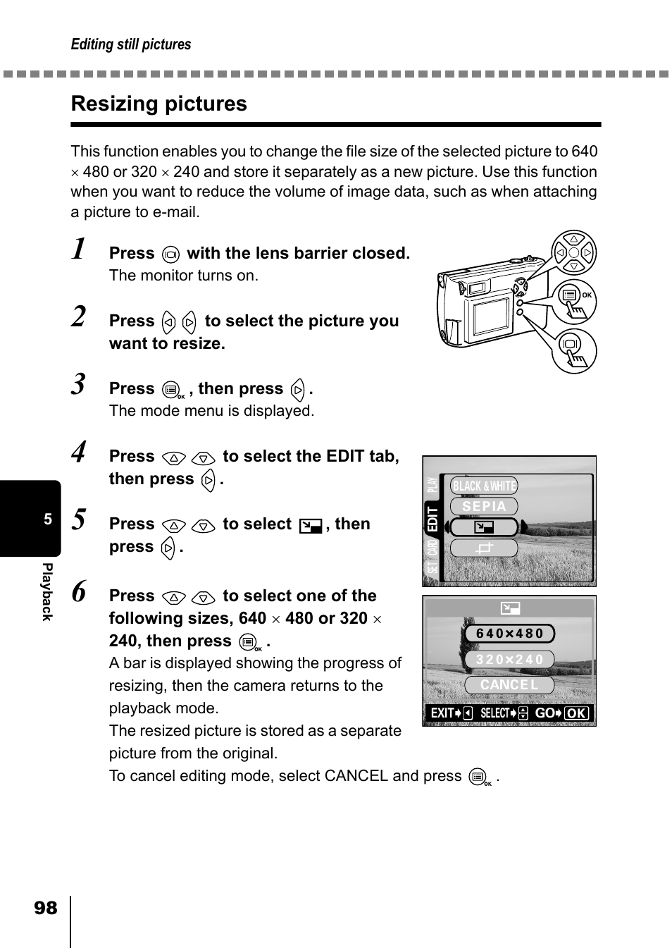 Resizing pictures, P.98 | Olympus D-550 Zoom User Manual | Page 99 / 178