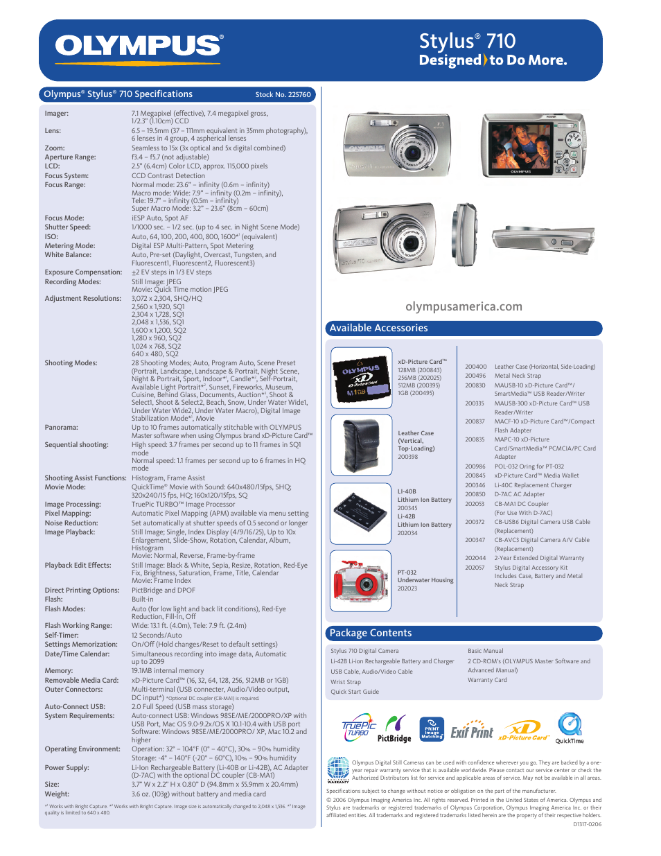 Available accessories, Package contents, Olympus | Stylus, 710 specifications | Olympus STYLUS 710 User Manual | Page 2 / 2