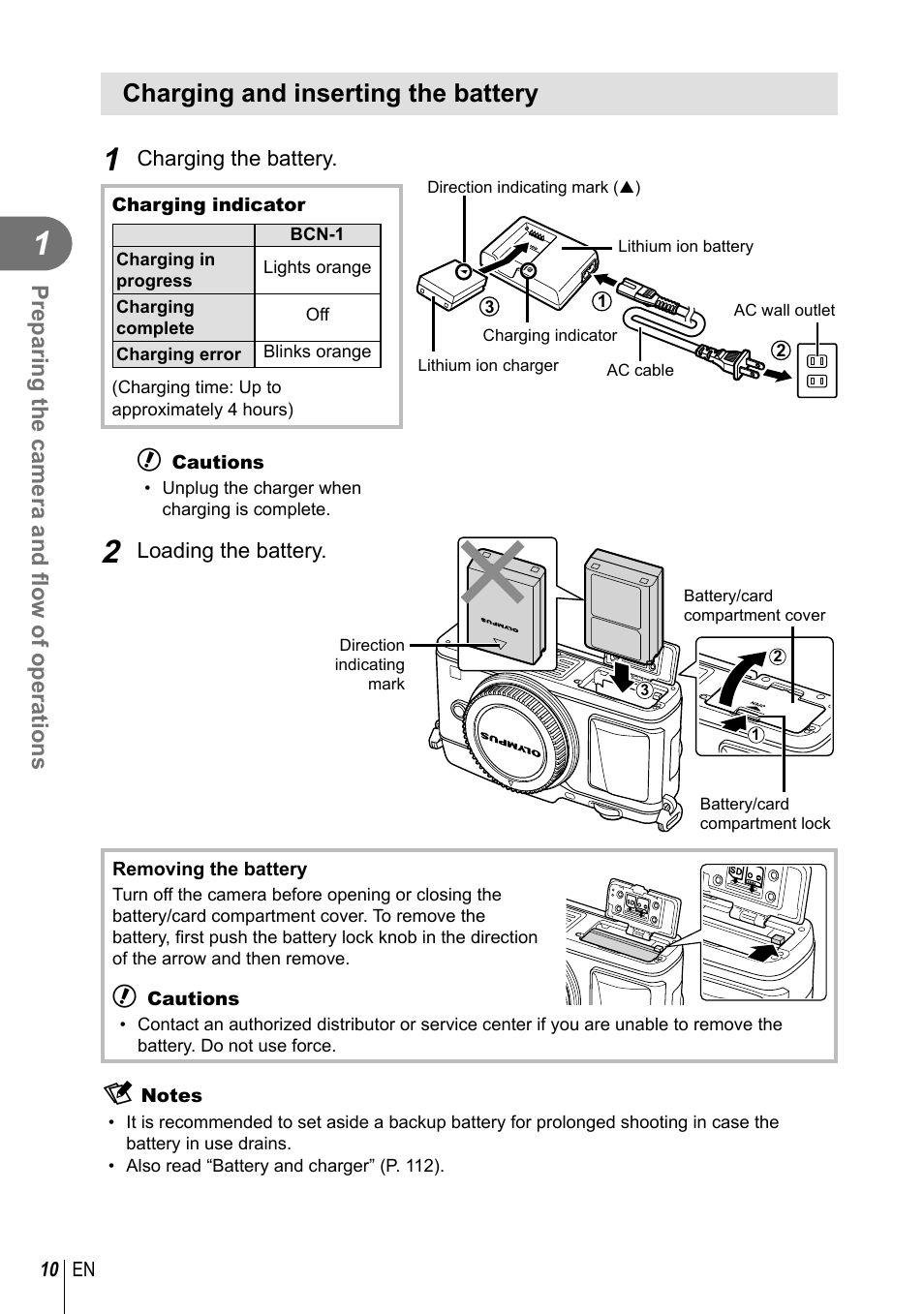 Charging and inserting the battery | Olympus E-P5 User Manual | Page 10 / 149