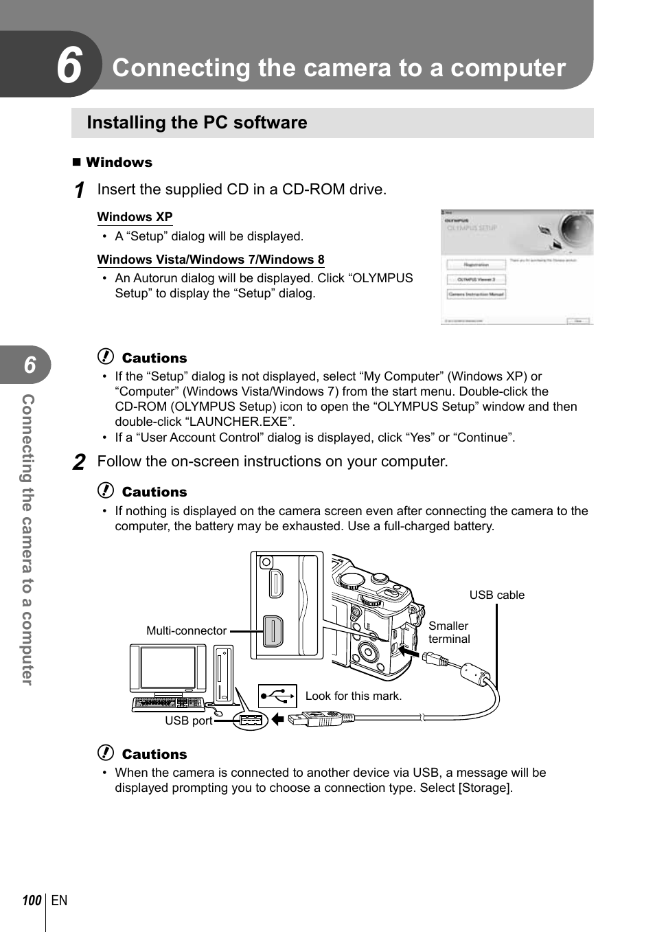 Connecting the camera to a computer | Olympus E-P5 User Manual | Page 100 / 149