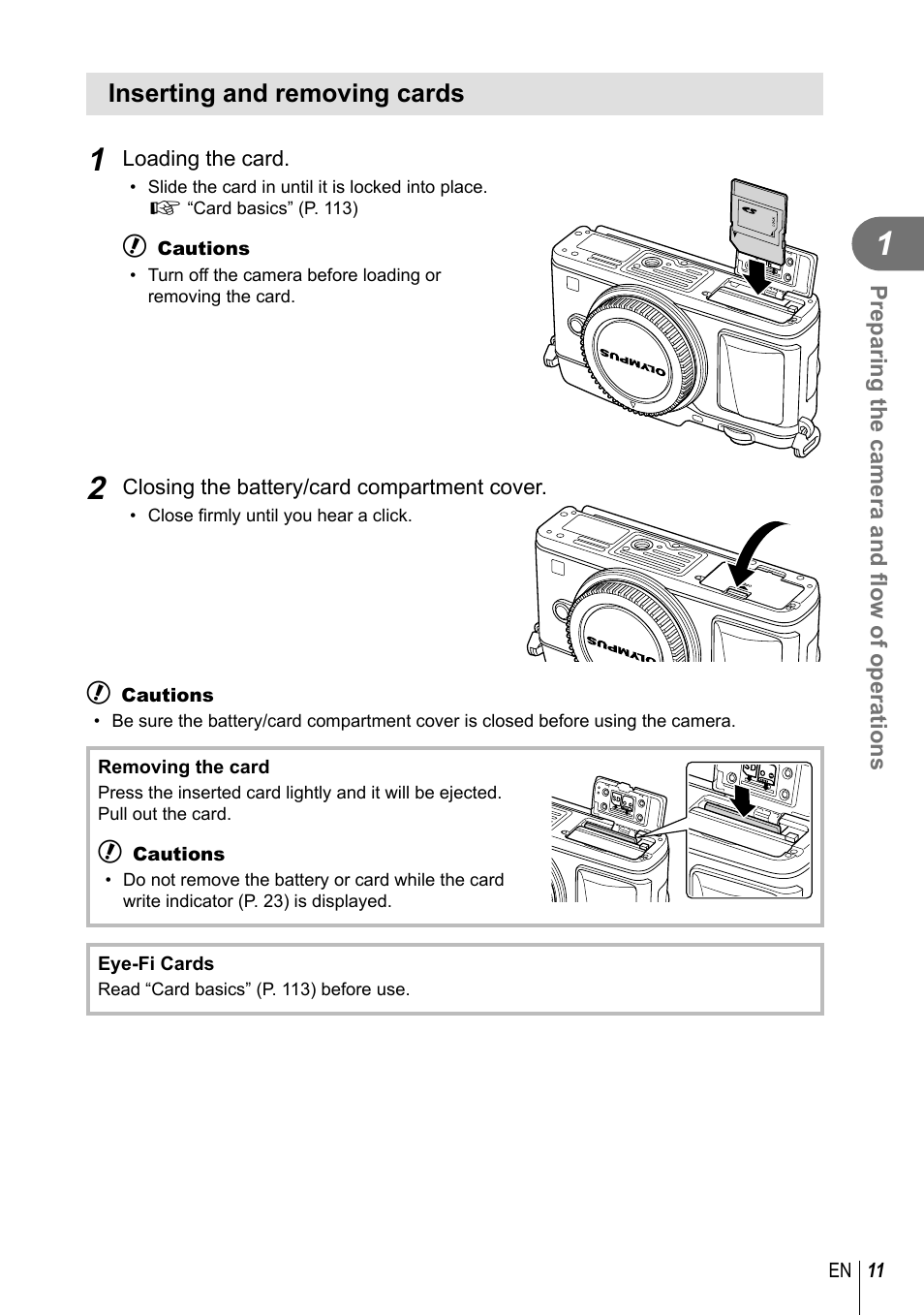 Inserting and removing cards | Olympus E-P5 User Manual | Page 11 / 149