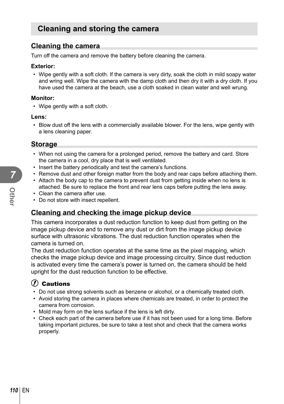 Cleaning and storing the camera | Olympus E-P5 User Manual | Page 110 / 149