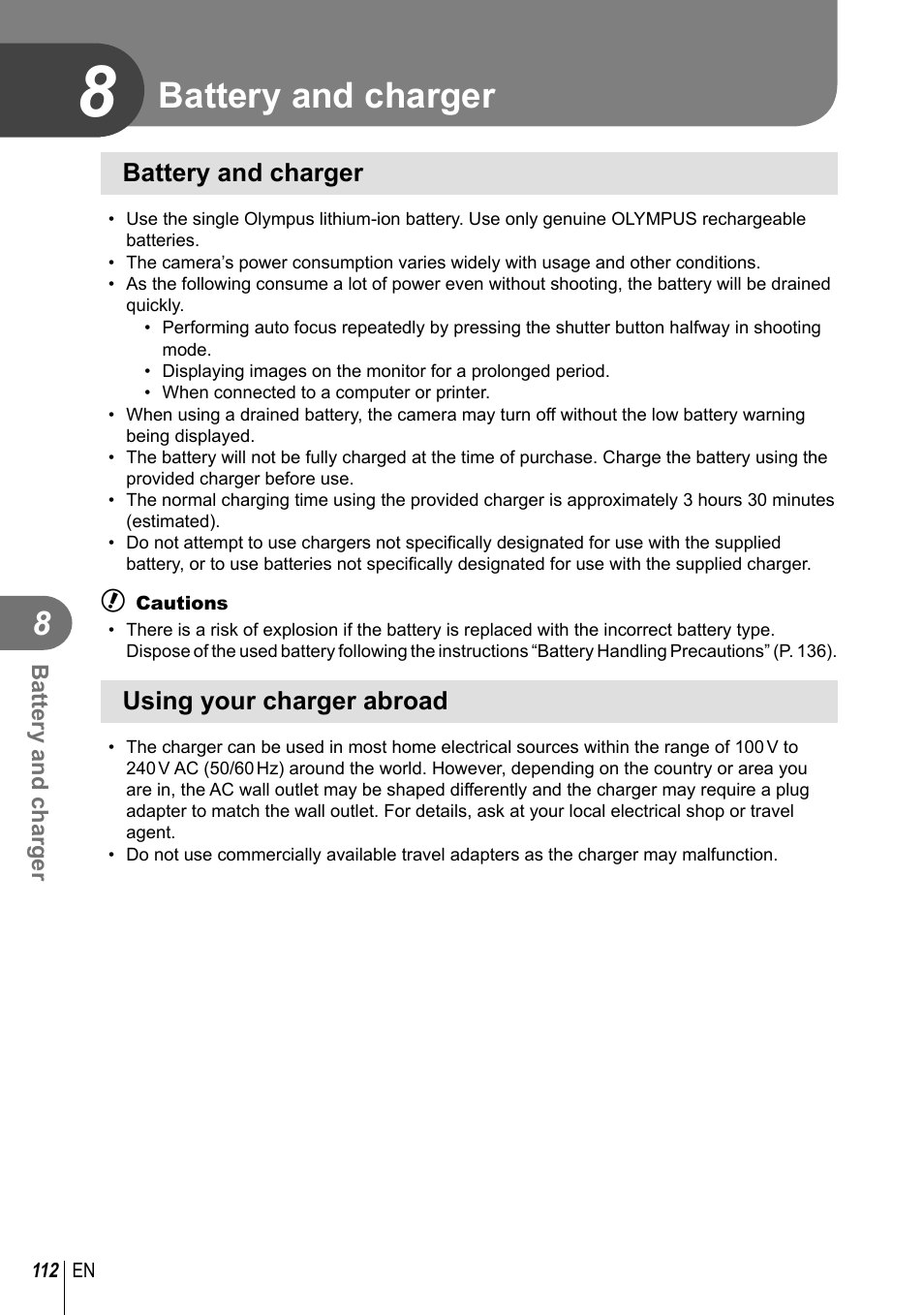 Battery and charger, Using your charger abroad | Olympus E-P5 User Manual | Page 112 / 149