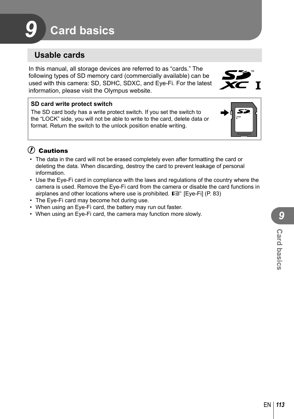 Card basics | Olympus E-P5 User Manual | Page 113 / 149