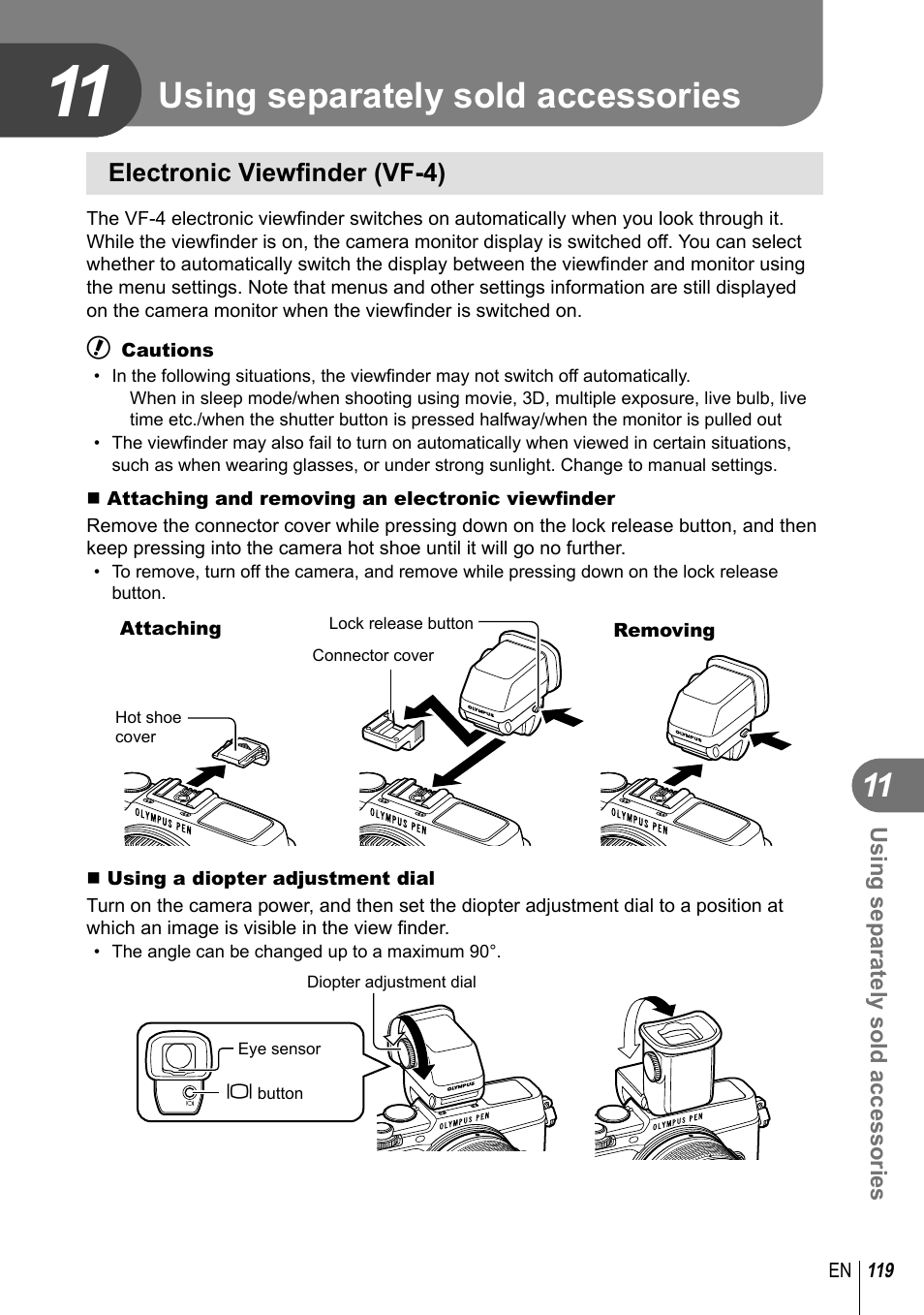 Using separately sold accessories, Electronic viewfi nder (vf-4) | Olympus E-P5 User Manual | Page 119 / 149