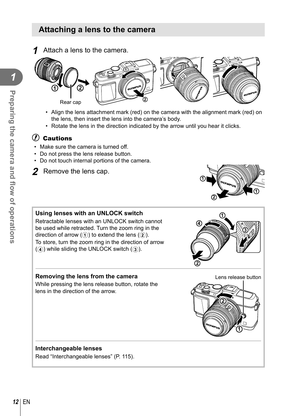 Attaching a lens to the camera, Preparing the camera and fl ow of operations | Olympus E-P5 User Manual | Page 12 / 149