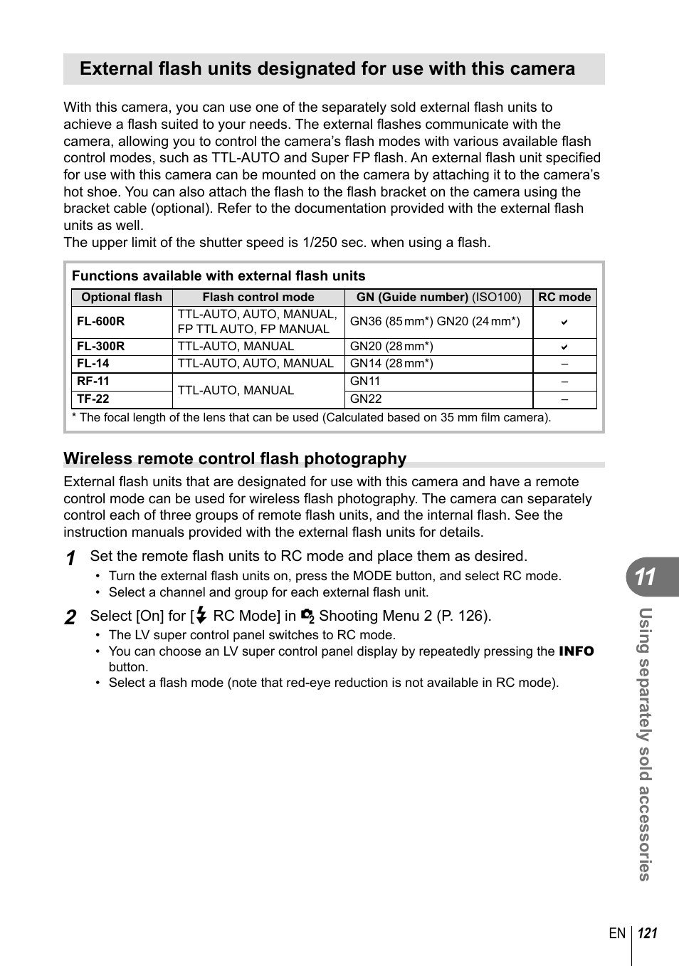 Using separately sold accessories, Wireless remote control fl ash photography | Olympus E-P5 User Manual | Page 121 / 149