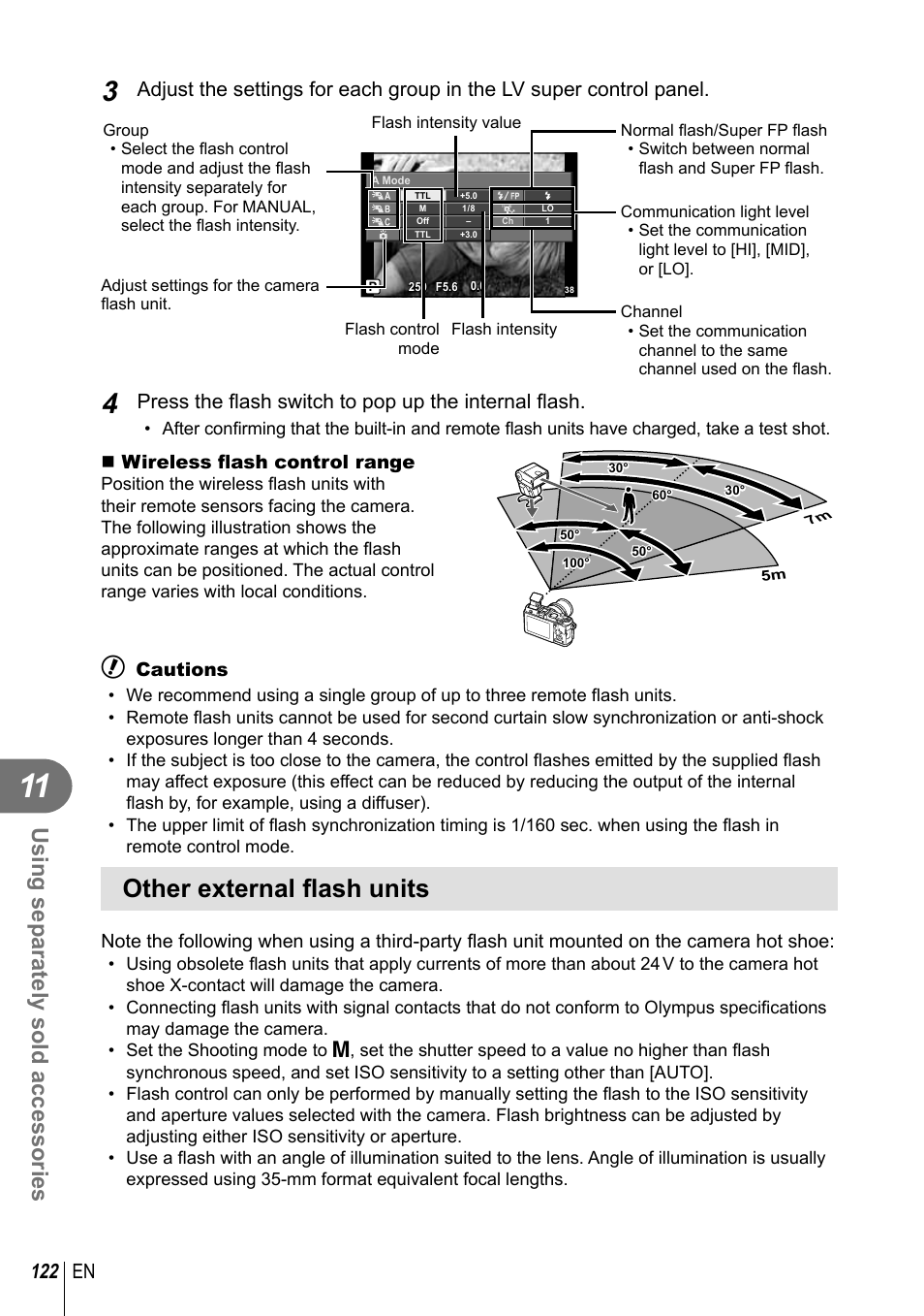 Other external fl ash units, Using separately sold accessories, 122 en | Olympus E-P5 User Manual | Page 122 / 149