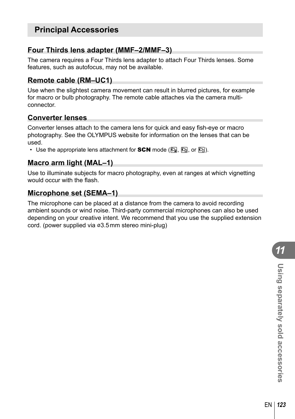 Principal accessories | Olympus E-P5 User Manual | Page 123 / 149