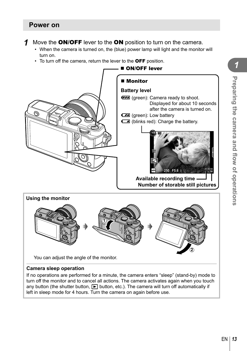 Power on, Preparing the camera and fl ow of operations | Olympus E-P5 User Manual | Page 13 / 149