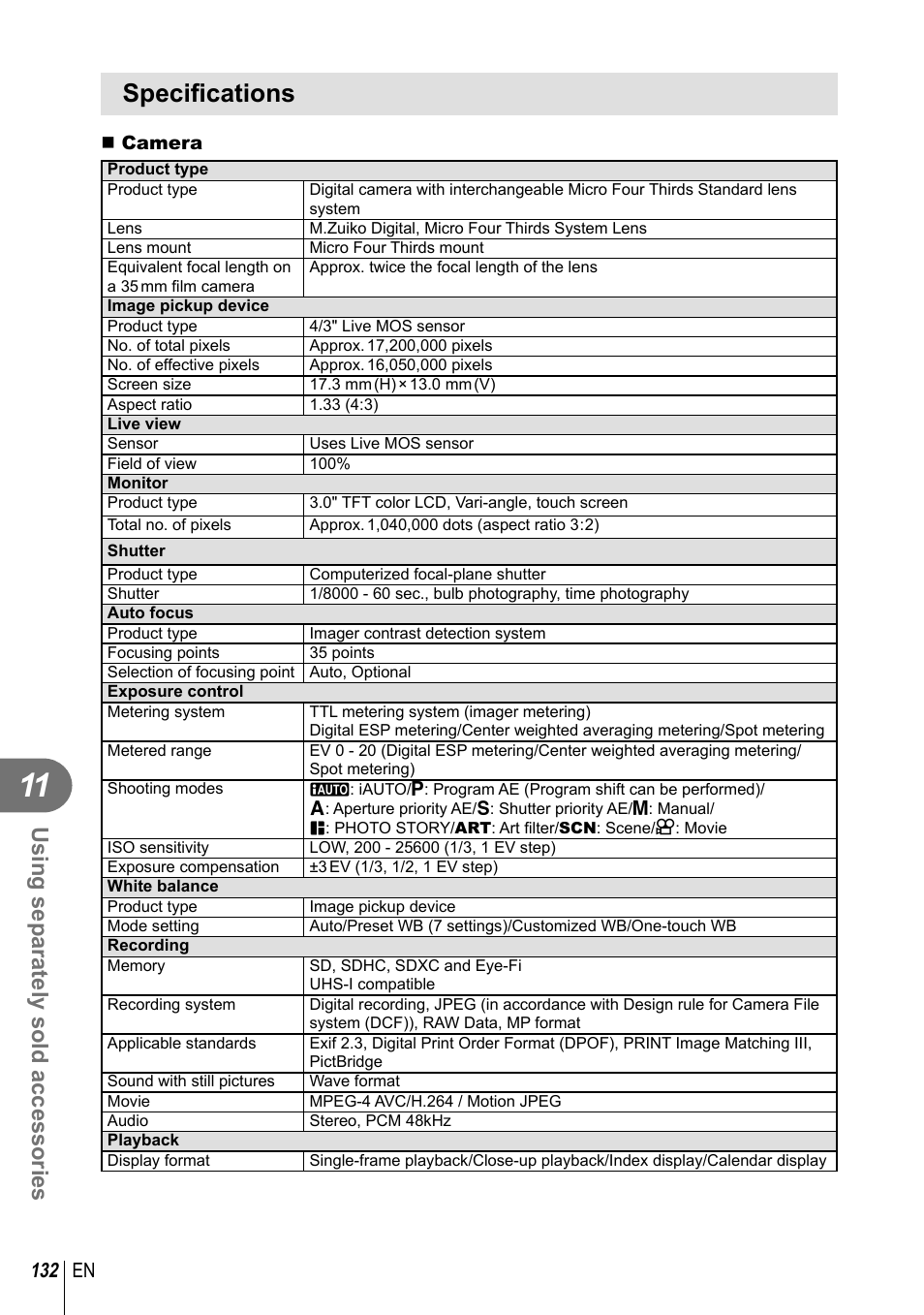 Specifi cations, Using separately sold accessories, 132 en | Olympus E-P5 User Manual | Page 132 / 149