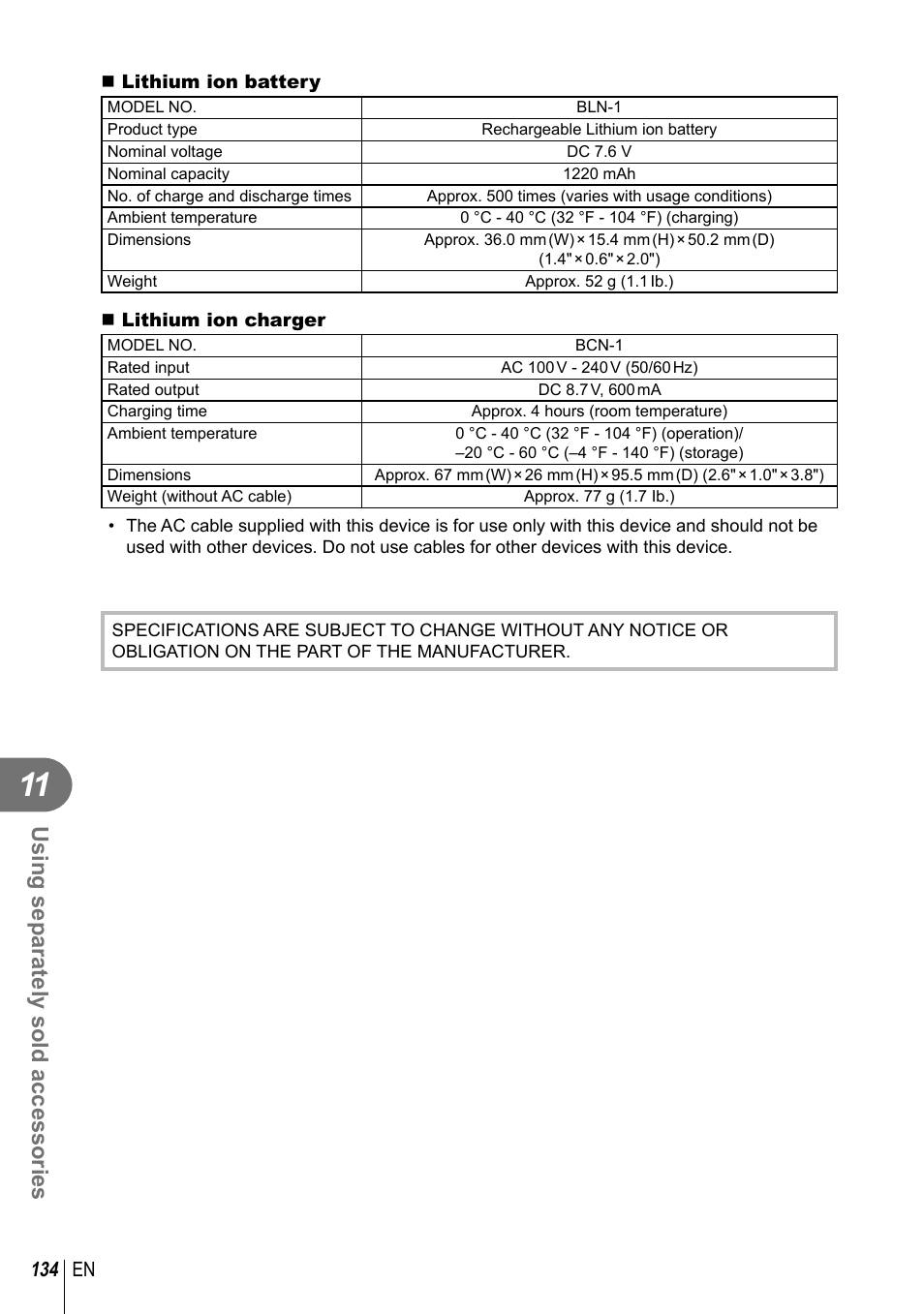 Using separately sold accessories, 134 en | Olympus E-P5 User Manual | Page 134 / 149