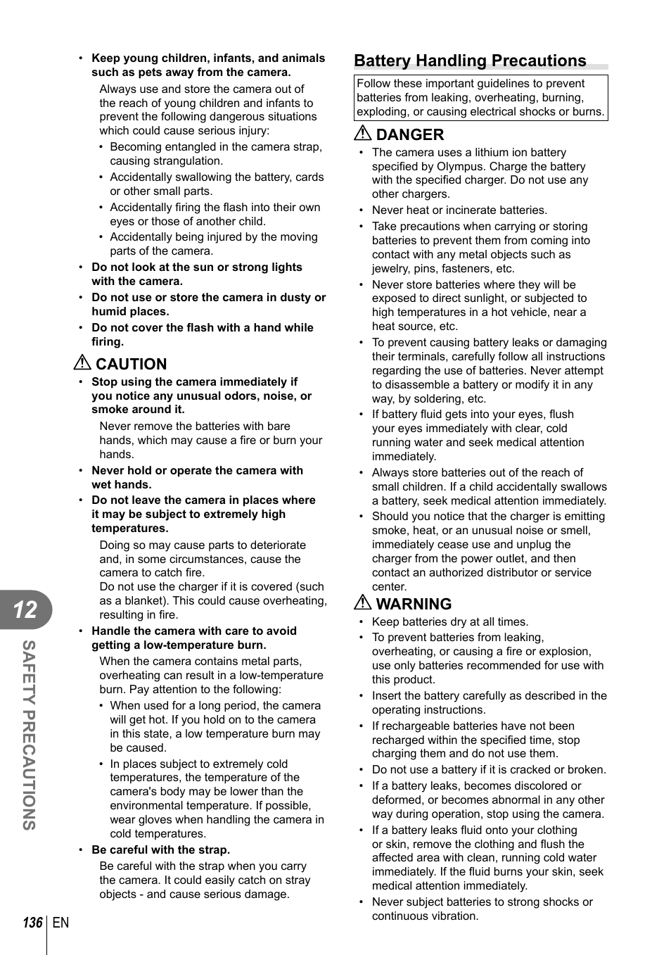 Safety precautions, Battery handling precautions, Caution | Danger, Warning, 136 en | Olympus E-P5 User Manual | Page 136 / 149
