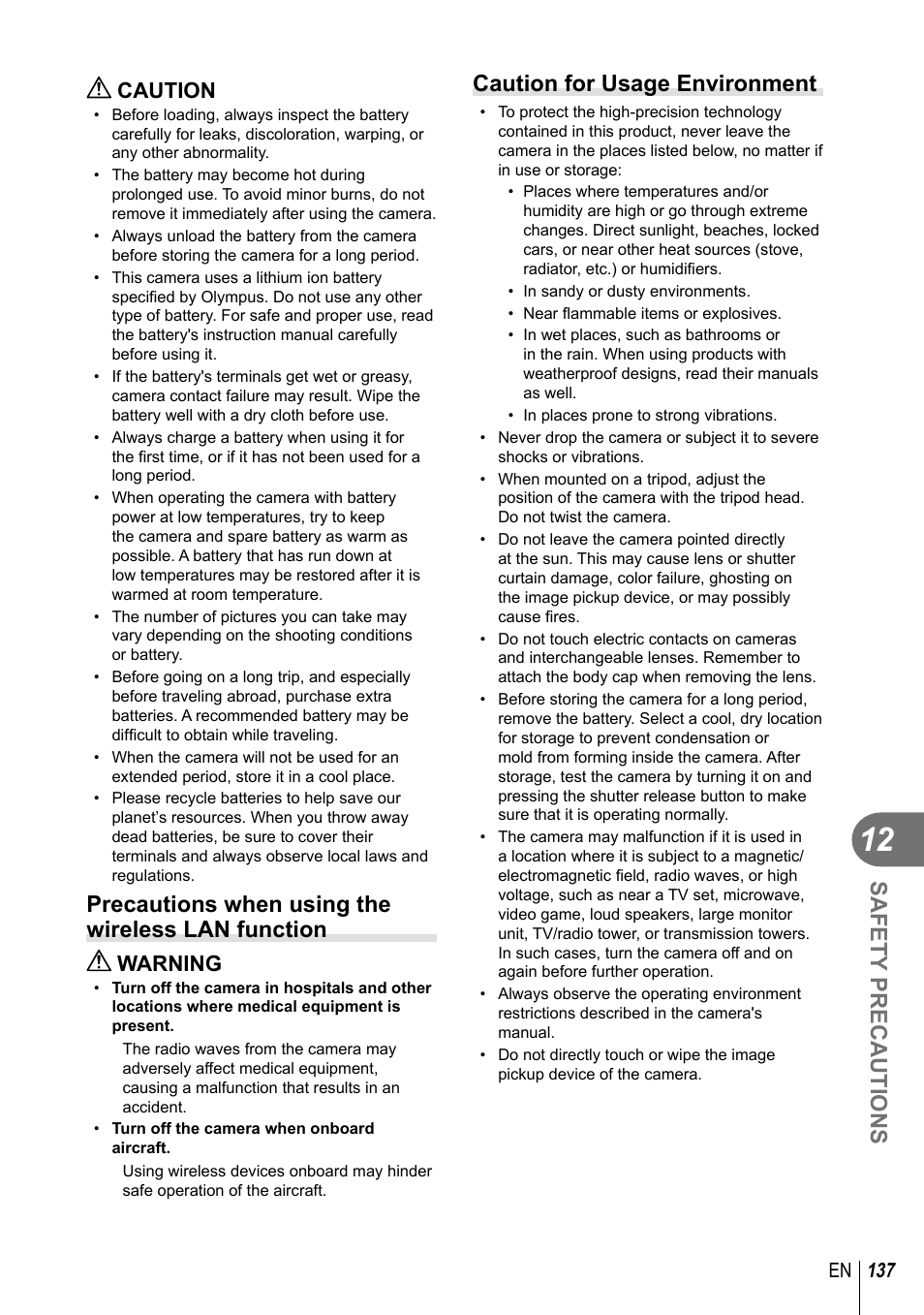 Safety precautions, Precautions when using the wireless lan function, Caution for usage environment | Caution, Warning, 137 en | Olympus E-P5 User Manual | Page 137 / 149