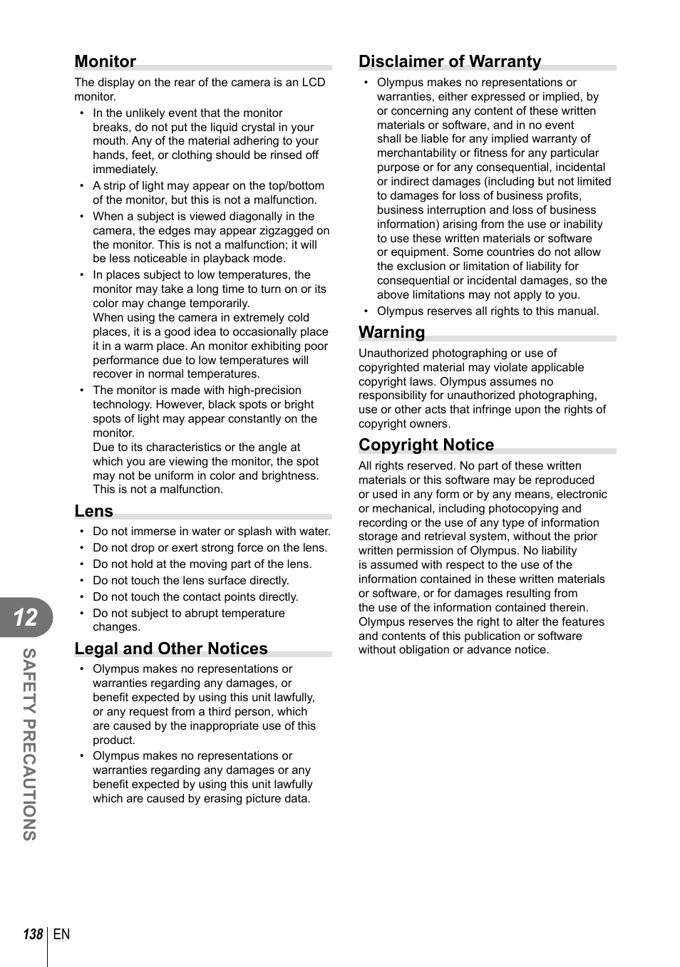 Safety precautions, Monitor, Lens | Legal and other notices, Disclaimer of warranty, Warning, Copyright notice | Olympus E-P5 User Manual | Page 138 / 149