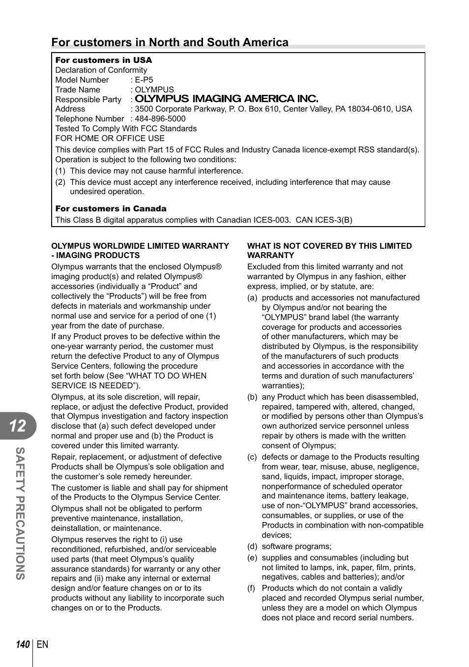 Safety precautions, For customers in north and south america | Olympus E-P5 User Manual | Page 140 / 149