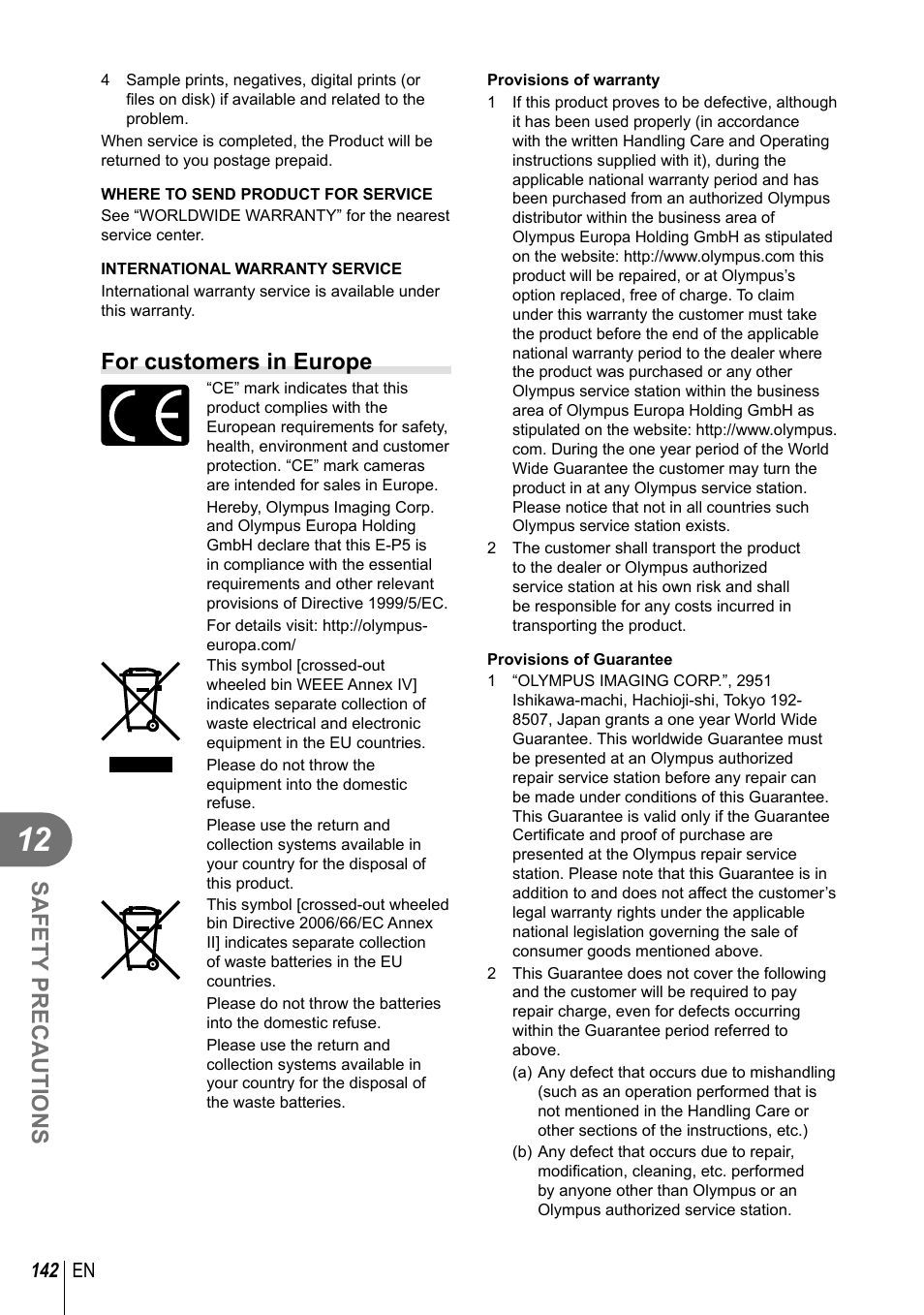 Safety precautions, For customers in europe | Olympus E-P5 User Manual | Page 142 / 149