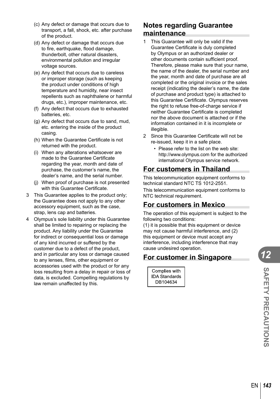 Safety precautions, For customers in thailand, For customers in mexico | For customer in singapore | Olympus E-P5 User Manual | Page 143 / 149