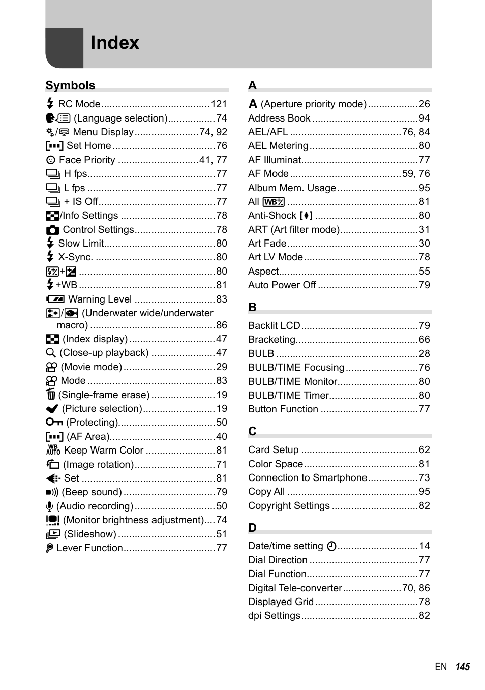 Index | Olympus E-P5 User Manual | Page 145 / 149