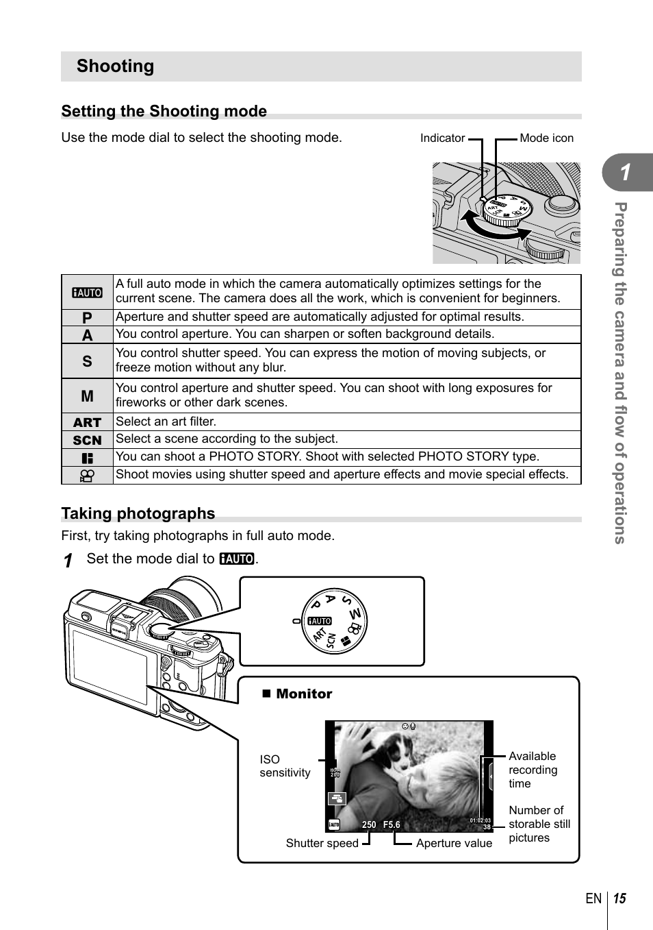 Shooting, Preparing the camera and fl ow of operations, Setting the shooting mode | Taking photographs, 15 en, Set the mode dial to a | Olympus E-P5 User Manual | Page 15 / 149