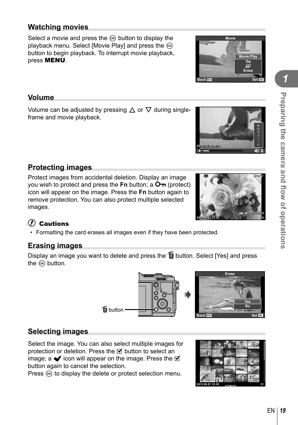 Preparing the camera and fl ow of operations, Watching movies, Volume | Protecting images, Erasing images, Selecting images, 19 en | Olympus E-P5 User Manual | Page 19 / 149