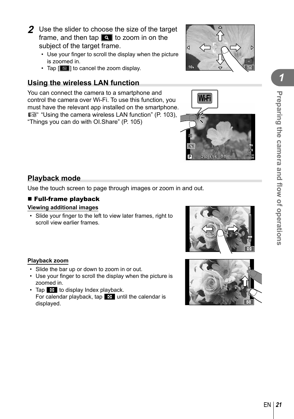 Wi-fi, Preparing the camera and fl ow of operations, Using the wireless lan function | Playback mode, 21 en | Olympus E-P5 User Manual | Page 21 / 149