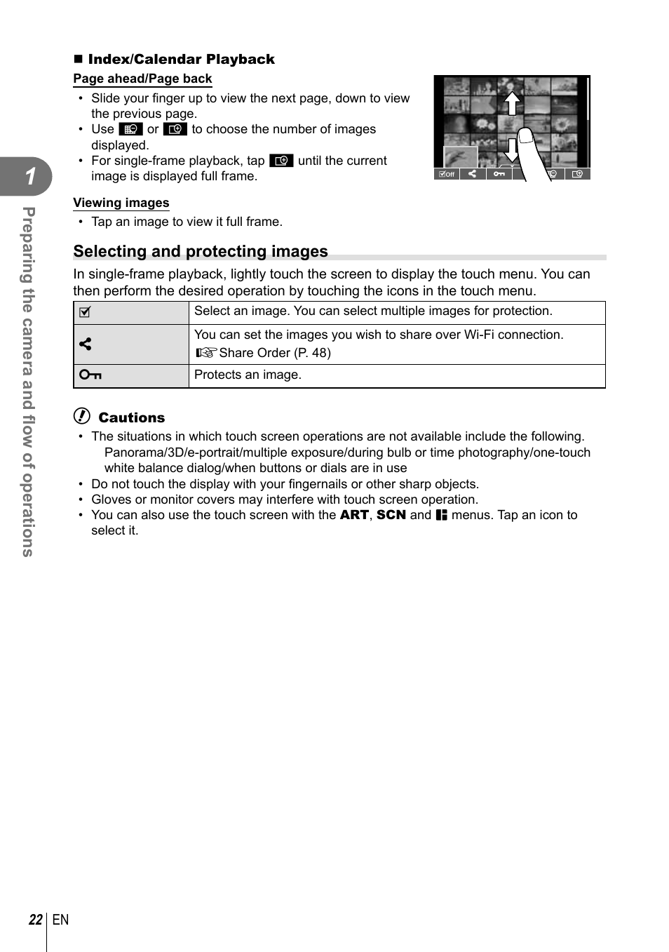 Preparing the camera and fl ow of operations, Selecting and protecting images | Olympus E-P5 User Manual | Page 22 / 149