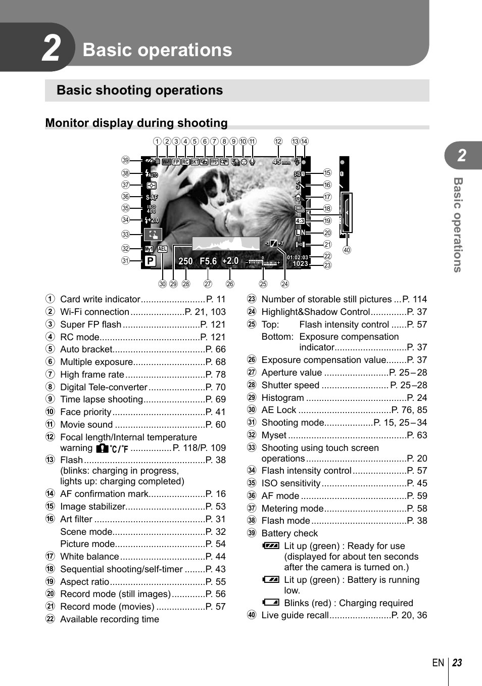 Basic operations, Basic shooting operations, Monitor display during shooting | 23 en | Olympus E-P5 User Manual | Page 23 / 149