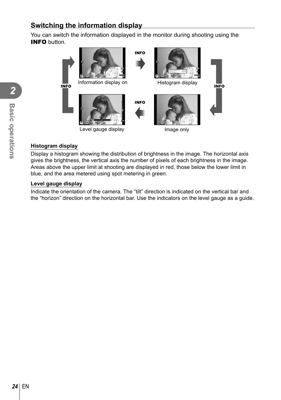 Basic operations, Switching the information display, 24 en | Level gauge display | Olympus E-P5 User Manual | Page 24 / 149