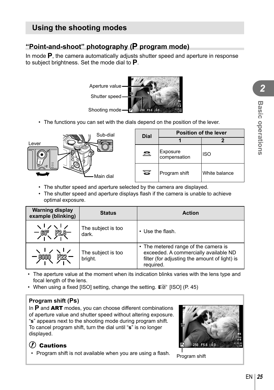 Using the shooting modes, Basic operations, Point-and-shoot” photography ( p program mode) | 25 en, Program shift ( % ), Cautions | Olympus E-P5 User Manual | Page 25 / 149