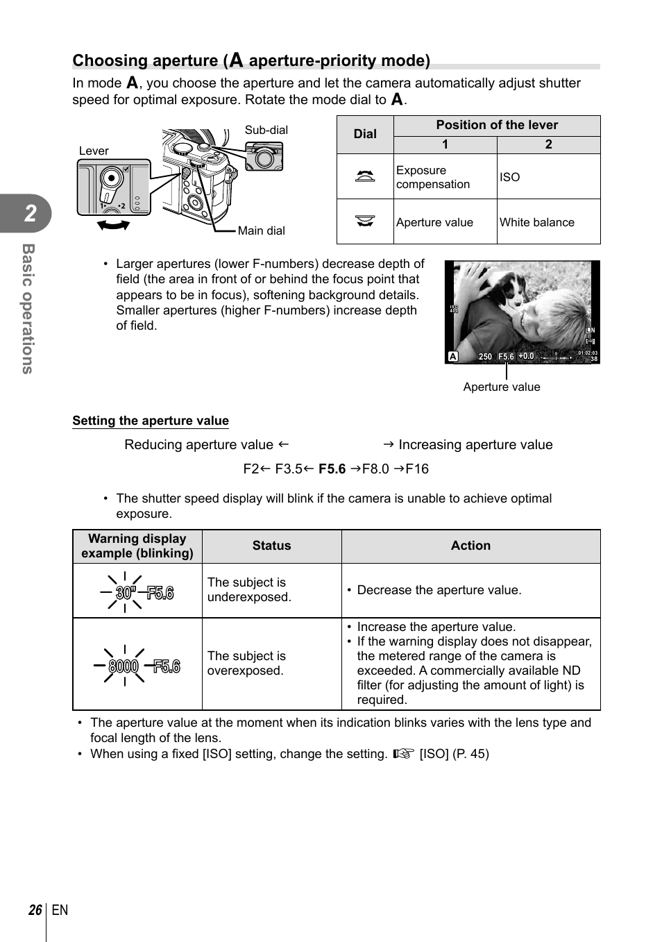 Basic operations, Choosing aperture ( a aperture-priority mode), 26 en | Olympus E-P5 User Manual | Page 26 / 149