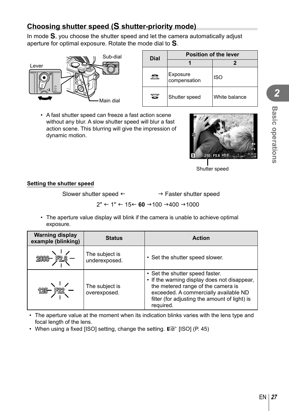 Basic operations, Choosing shutter speed ( s shutter-priority mode), 27 en | Olympus E-P5 User Manual | Page 27 / 149