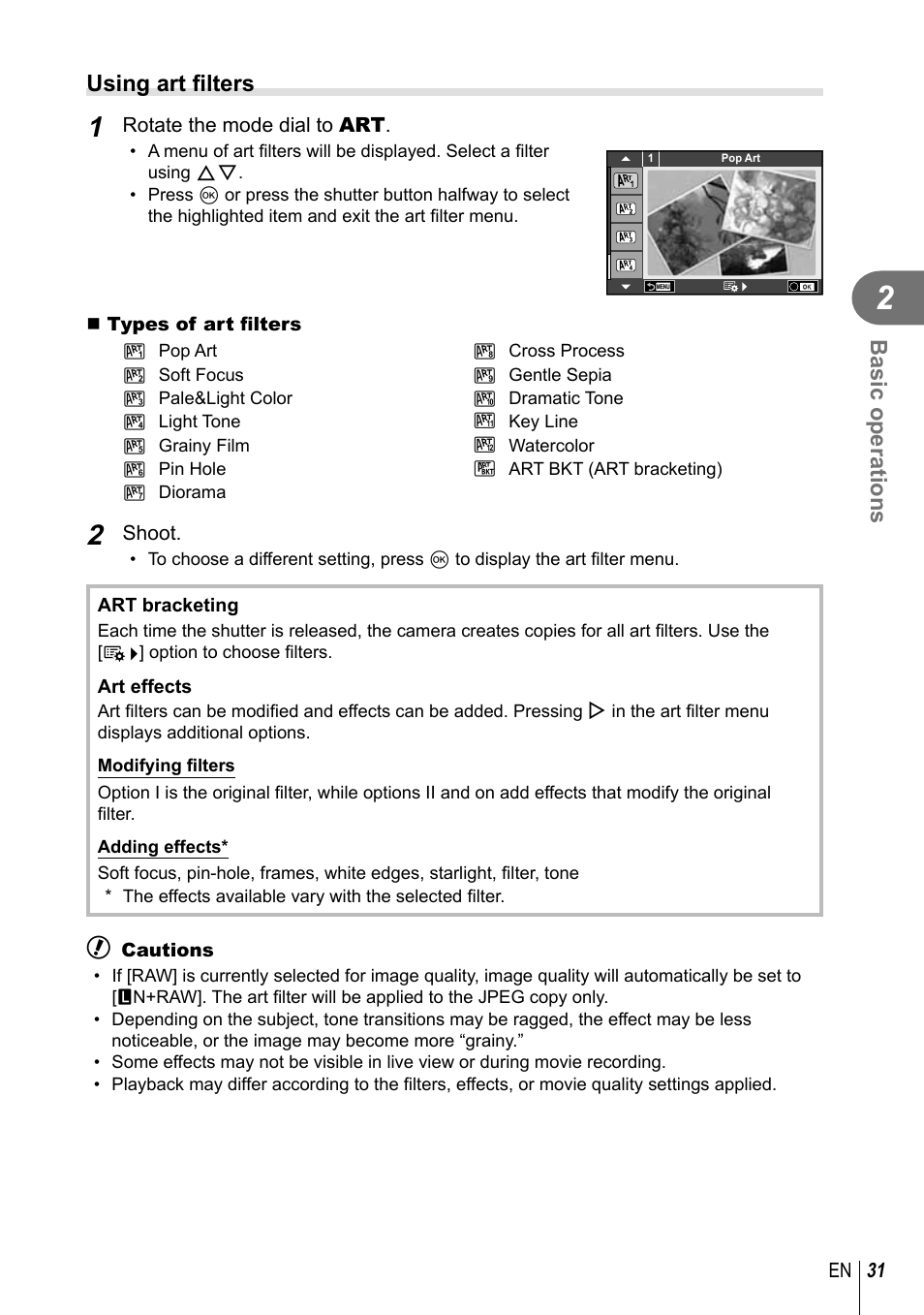 Basic operations, Using art fi lters | Olympus E-P5 User Manual | Page 31 / 149