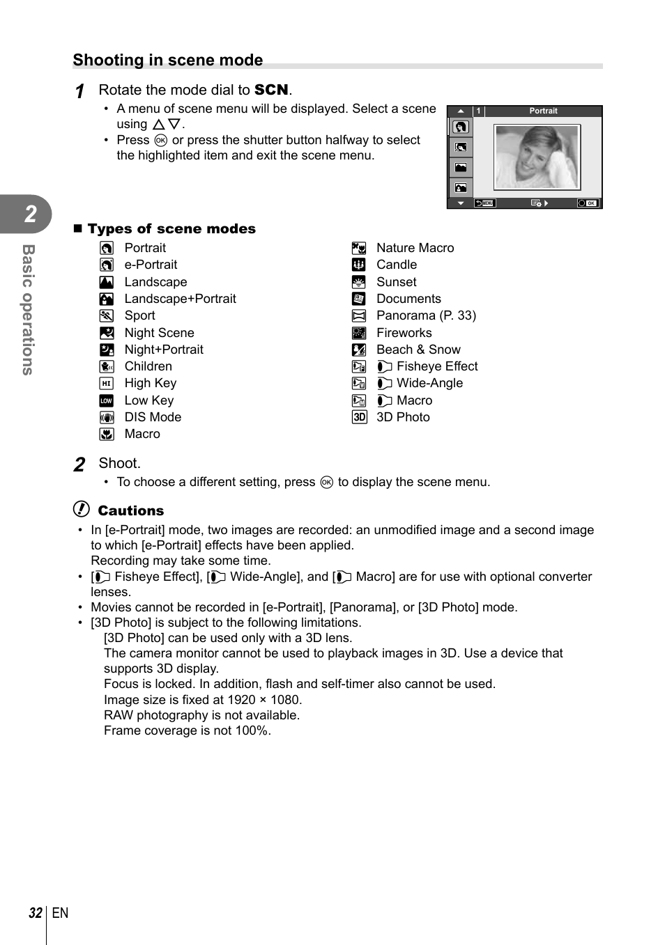 Basic operations, Shooting in scene mode | Olympus E-P5 User Manual | Page 32 / 149