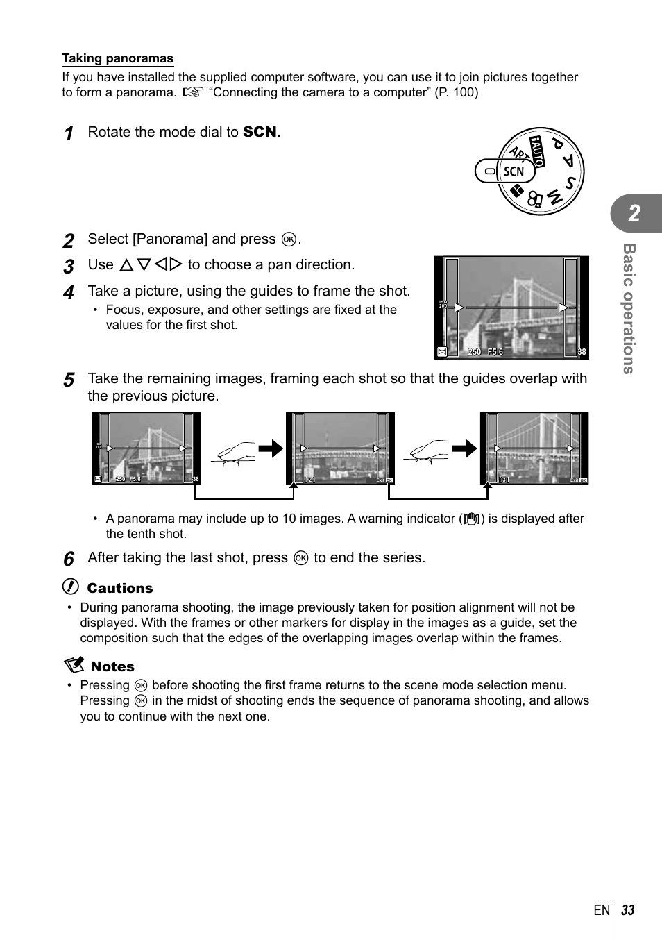 Basic operations, 33 en, Rotate the mode dial to scn | Select [panorama] and press q, Use fghi to choose a pan direction, Take a picture, using the guides to frame the shot | Olympus E-P5 User Manual | Page 33 / 149