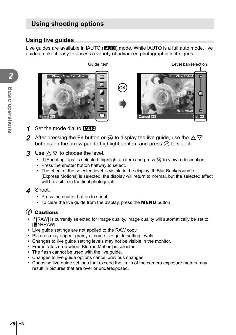 Using shooting options | Olympus E-P5 User Manual | Page 36 / 149