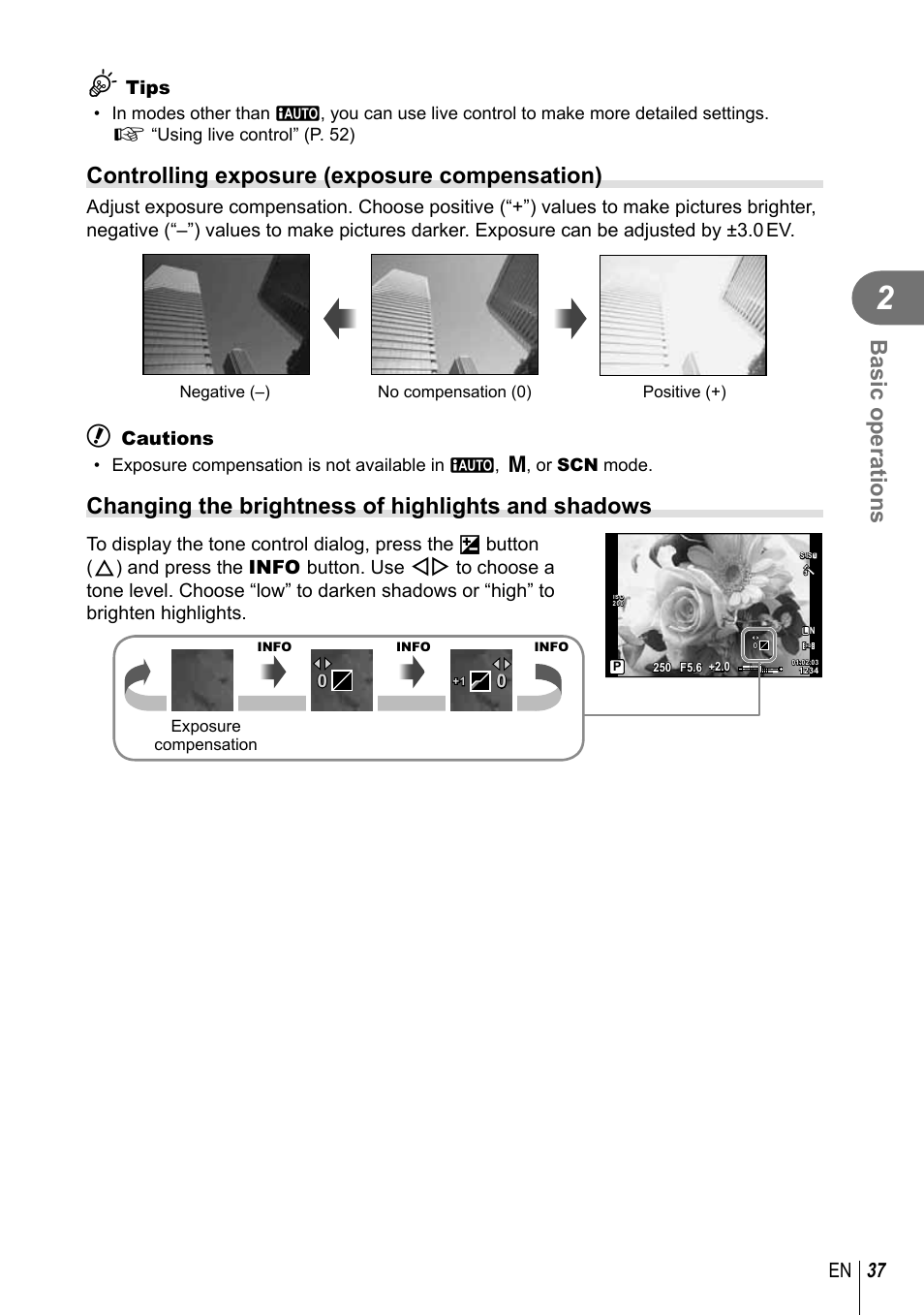 Basic operations, Controlling exposure (exposure compensation), Changing the brightness of highlights and shadows | 37 en, Tips, Cautions | Olympus E-P5 User Manual | Page 37 / 149