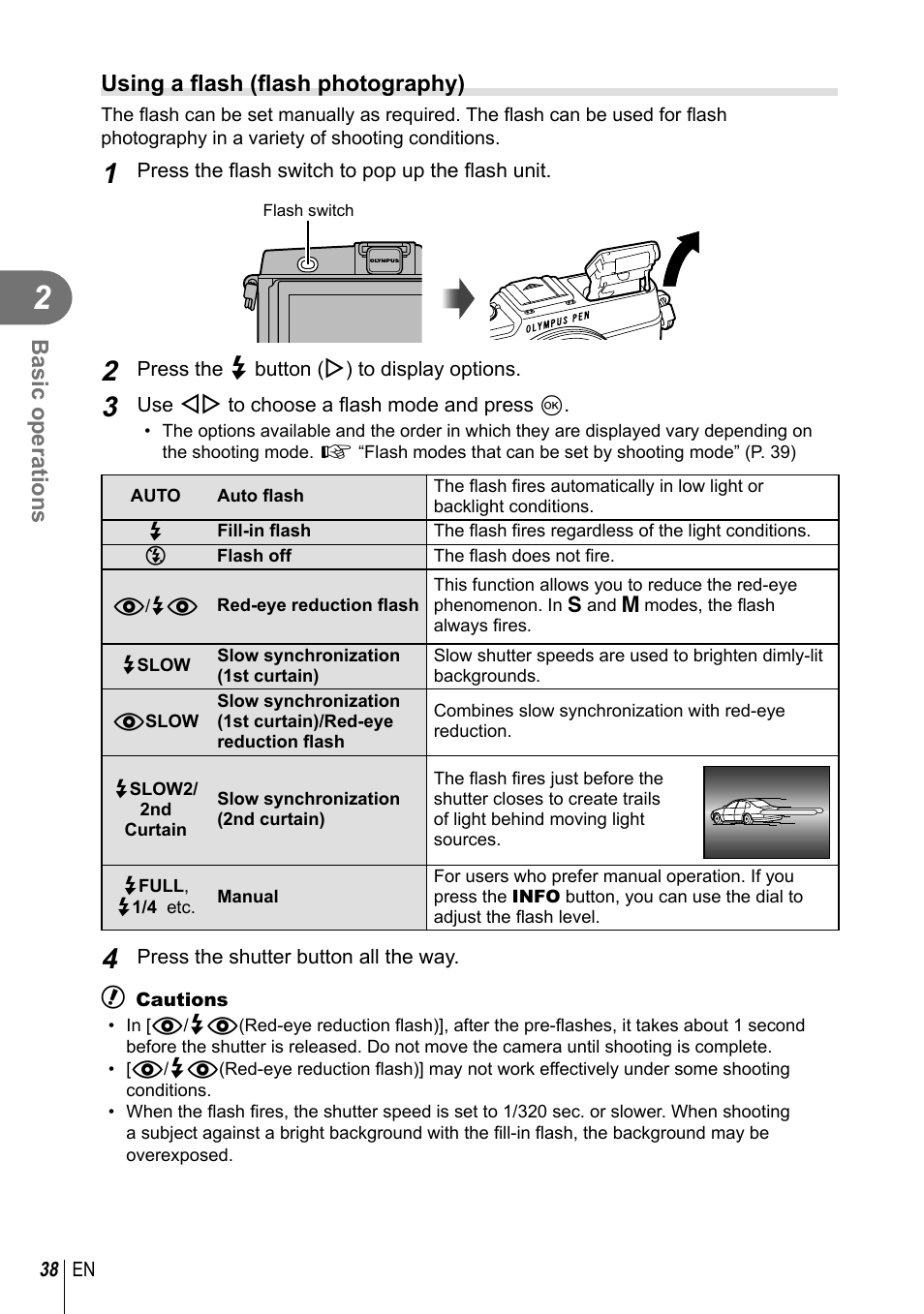 Basic operations, Using a fl ash (fl ash photography) | Olympus E-P5 User Manual | Page 38 / 149