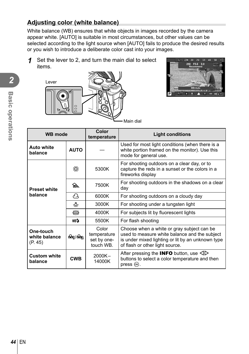 Basic operations, Adjusting color (white balance), 44 en | Olympus E-P5 User Manual | Page 44 / 149