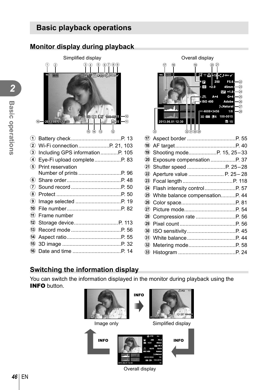 Basic playback operations, Basic operations, Monitor display during playback | Switching the information display, 46 en, Simplifi ed display overall display, Overall display simplifi ed display image only | Olympus E-P5 User Manual | Page 46 / 149