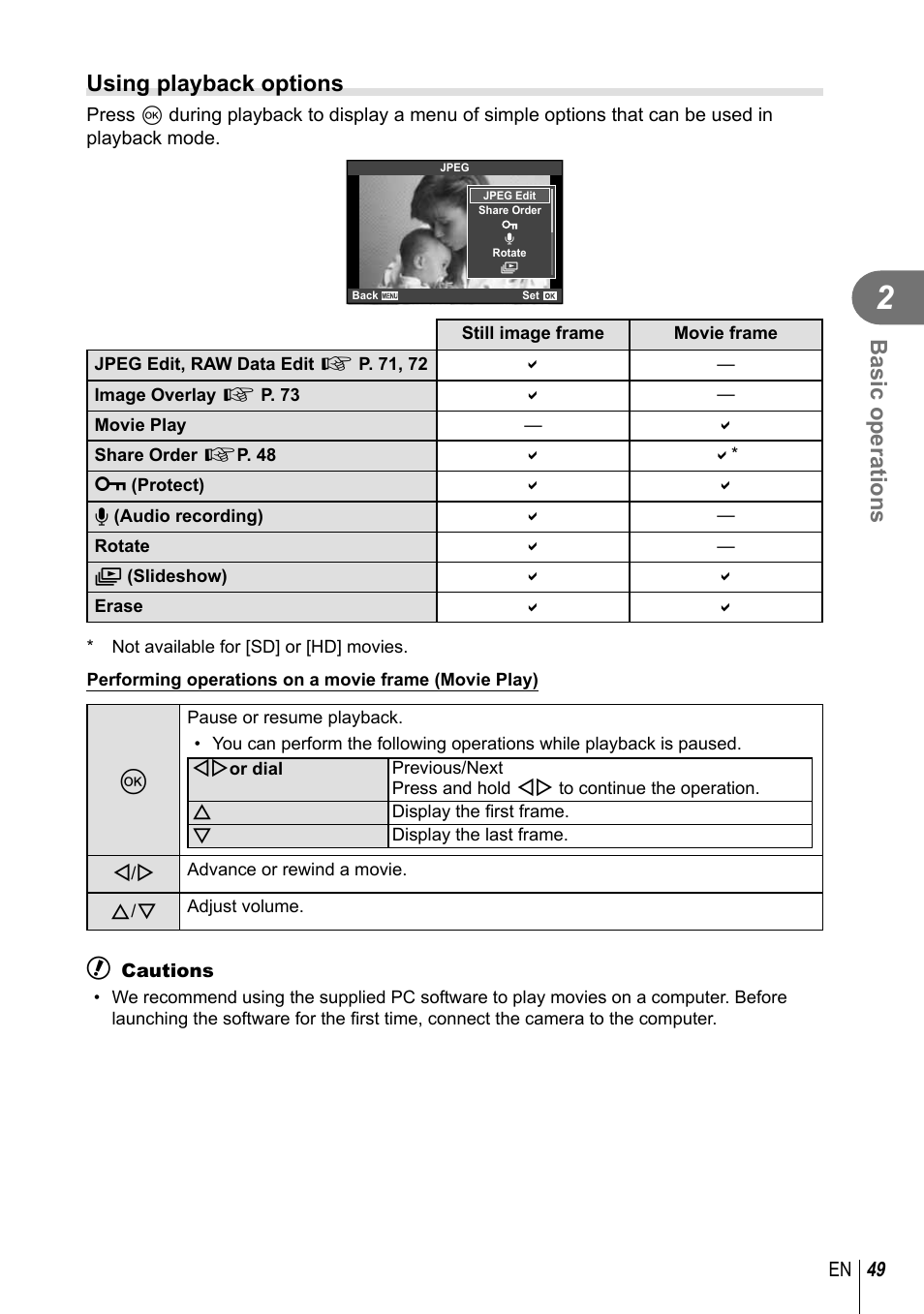 Basic operations, Using playback options | Olympus E-P5 User Manual | Page 49 / 149